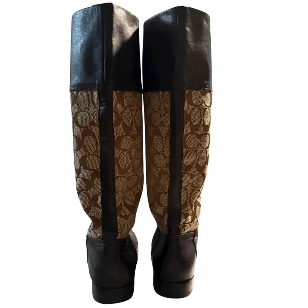 Coach Chrissi Signature C Riding Boots, Leather & Jacquard Canvas, Size 7.5 B